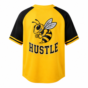 <b>Men's</b> Custom Boxy Fit Streetwear Baseball Jersey-<b>Yellow</b> Black Hustle Graphic Polyester <b>Shirt</b> - Product Image 2