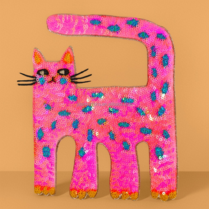 Cute <b>Pink</b> Cat <b>Sequin</b> Iron-On Patch for Clothing - Product Image 1