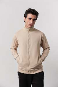 Veste en molleton beige pour homme, col montant, fermeture éclair, couleur unie, tricotée, coupe classique, pour l'automne - Product Image 5
