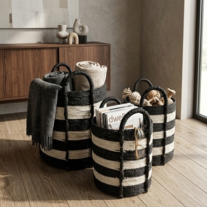 Hand Woven Recycled <b>Plastic</b> Rope Storage <b>Basket</b> Set Black White Stripe Arch Handle Pot Planter Organizer Setup Decor Pure Art - Product Image 6