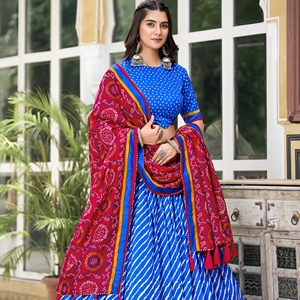 Elegante Tussar Silk Lehenga Choli con Leheriya Print Patola Border y Bandhej Dupatta para exportación a granel Proveedores de desgaste étnico - Product Image 4