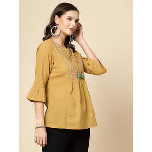 Women's Beige Floral Embroidered <b>Top</b> XL Loose Fit Casual <b>Top</b> with Bell Sleeves and Tie-Up Neck Poplin Cotton Breathable - Product Image 4