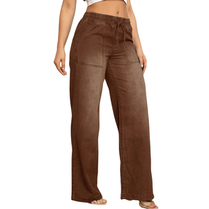 Jean en denim marron pour femme, taille mi-haute, coupe droite décontractée, respirant, 100% coton, couleur unie, lavage vintage, automne - Product Image 1