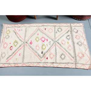 Tapis turc vintage moderne motif géométrique blanc grande surface 2,5x4,6ft laine matériel Latex pour salon décor pour adolescents - Product Image 2