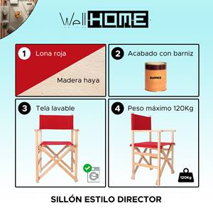 Sedia da regista WELL HOME, sedia da giardino in legno di faggio con finitura verniciata e tela granata, misure 51x46x86 cm - Product Image 2