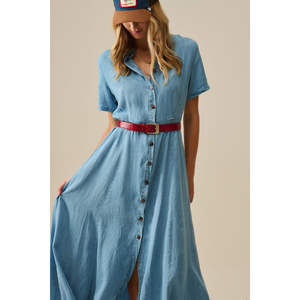 Vestido Maxi Azul Claro de Tela Tencel con Detalle de Botones, Cintura Drapeada y Diseño con Abertura, para Oficina y Fiestas, Talla XS, ODM - Product Image 1