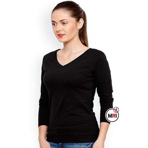 Camiseta OEM personalizada de manga larga con cuello en V 100% algodón para mujer, camiseta en blanco de alta calidad a la moda, camisetas lisas de punto suave para mujer - Product Image 2