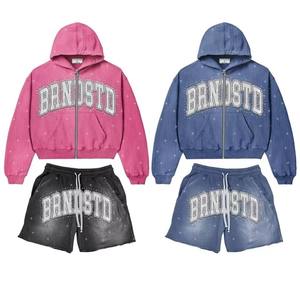 Vintage Winter Streetwear Hoodie Set Distressed Washed Heavyweight Solid Hooded Cotton with Rhinestone & Screen-Printed Design - Product Image 6