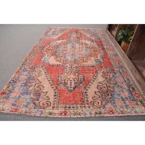 Tapis Vintage Anatolien Rouge Bleu 4.3X7 pieds Classique Grande Surface Laine Turque Latex Patchwork pour Couloir Rectangle Classique - Product Image 2