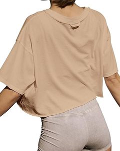 Hauts courts d'entraînement pour femmes décontracté à manches courtes épaule tombante Boxy rouleau ourlet basique Logo personnalisé lâche Yoga course T-Shirt pour hommes - Product Image 3