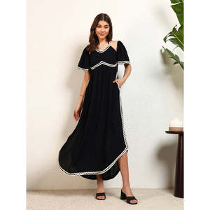 Deebaco Women's Black Solid <b>Maxi</b> Dress With <b>White</b> Contrast Binding V-Neck Cap Sleeve Loose Fit Casual Summer Style Dress - Product Image 6