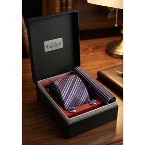 <b>Navy</b> Lilac Brown Striped Jacquard Woven <b>Tie</b> Pocket Square Cufflink Set in Gift PU Leather Box for Groom Wear - Product Image 1