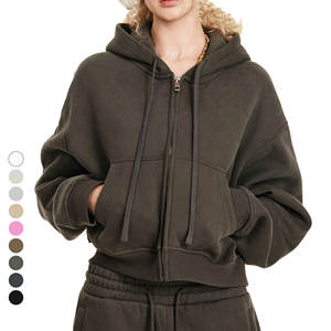 Sudaderas con capucha recortadas personalizadas de peso pesado para mujer 345GSM Fleece Hooded Plain Blank Loose Retro Zipper Hoodies para mujer Hoodies - Product Image 1