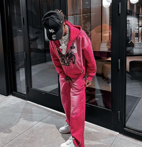 Fabricant personnalisé de vêtements de ville Sweat à capuche zippé en strass Ensemble de pantalons de survêtement pour hommes, survêtement délavé au soleil pour hommes - Product Image 3