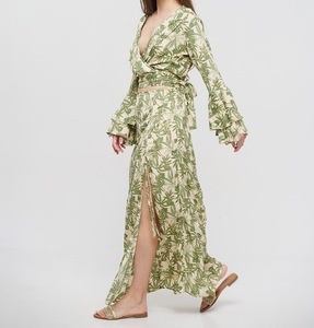 FASHION 2025 LONG <b>SKIRT</b> with GREEN & BEIGE TOP GOLD DETAILS ADJUSTABLE WAIST LONG SLEEVE FLARED STYLE Polyester/Cotton Party - Product Image 2