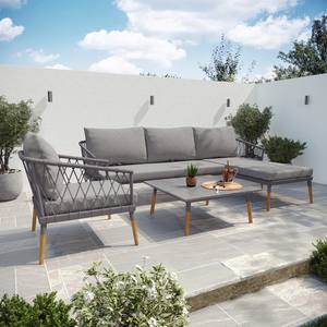Juego de sofá esquinero de jardín gris Betrand de madera maciza de teca con cuerda tejida, 4 plazas con sillón y Mesa - Product Image 2