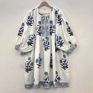 Haute qualité femmes bohème coton Kyra robe Midi bleu Floral bloc imprimé Style décontracté naturel parfait cadeau pour les êtres chers - Product Image 4