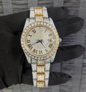 Montre de luxe bicolore Iced Out pour hommes avec chiffres romains | Montre automatique Bling Full Diamond pour montre de style bijoux Hip Hop - Product Image 1