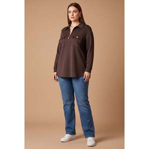 Blouse en modal tricoté à col yaka avec fermeture éclair, grande taille, couleur café - Product Image 4