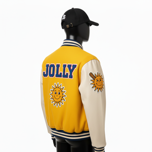 Veste universitaire pour femmes Tissu mélangé de laine de haute qualité Manches en cuir PU Panneaux contrastés jaunes Logo personnalisé Vestes universitaires pour femmes - Product Image 5