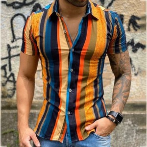 Summer New <b>Men</b> Vintage <b>Striped</b> Print 100% Cotton Anti-Pilling Casual Luxury Short <b>Sleeve</b> Hawaii <b>Shirts</b> - Product Image 2