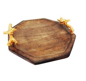 Plateau de service en bois de grande capacité en laiton AK de couleur bois naturel avec poignée en métal Lot de 2 pour vaisselle/ustensiles de cuisine - Product Image 5