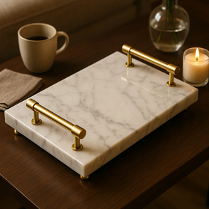 Plateau de service moderne en marbre blanc Poignées en laiton doré Pieds boule Plateau rectangulaire élégant pour la décoration intérieure Rotation jetable - Product Image 2
