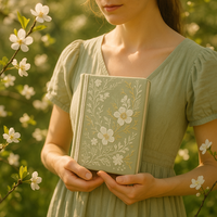Carnet A5 en tissu brodé floral vert melon LABON avec bordure en dentelle, détails dorés et blancs pour un cadeau élégant