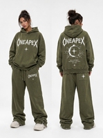 Ensemble survêtement molletonné oversize imprimé vert olive délavé et vieilli, style streetwear, deux pièces, pour l'hiver