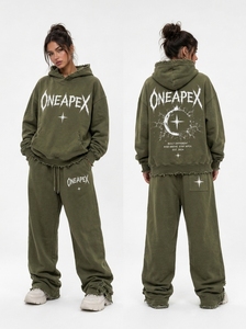 Custom Winter Printed Olive Green Washed Distressed Hoodie <b>Sweatpants</b> Set Oversized Fleece Tracksuit Streetwear Two-Piece Jogger - Product Image 2