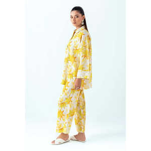 Conjunto de Dos Piezas para Mujer, Estampado Amarillo Ondulado, Manga Tres Cuartos, Tela Crepé, Estilo Casual, para Primavera/Verano, Tallas XXS-2XL - Product Image 1