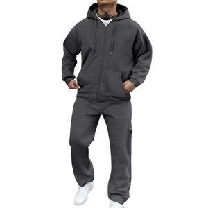 Conjunto de chándal con cremallera completa para hombre 2025 | Sudadera con capucha lisa de 2 piezas y joggers con cordón | Chándal de gimnasio de manga larga para Fitness y Yoga - Product Image 1