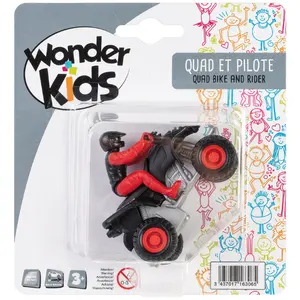 Metal quad vehicle with retrofriction and a pilot figurine for children
