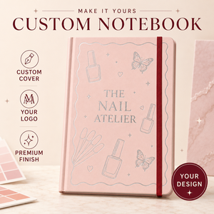 Carnet de notes personnalisé LABON A5 pour salon de manucure, rose blush, couverture rigide, avec motifs argentés et diagrammes de formes et de couleurs - Product Image 1