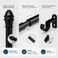 Tringle à rideau en métal noir réglable avec embouts décoratifs et supports, fixation par perçage pour chambre, salle de bain, hôtel