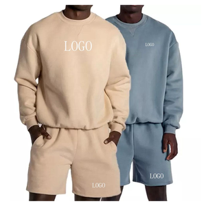 Custom LOGO Cotton Crewneck Sweatshirt <b>Set</b> Plain Sweat <b>Set</b> Shorts Men's Crew Neck Sweatshirt and Shorts <b>Set</b> - Product Image 1