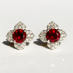 Red Garnet Floral CZ Halo Prong <b>Set</b> <b>Stud</b> <b>Earrings</b> Sterling <b>Silver</b> Rhodium Plated Women's Romantic Party Wedding Anniversary - Product Image 3