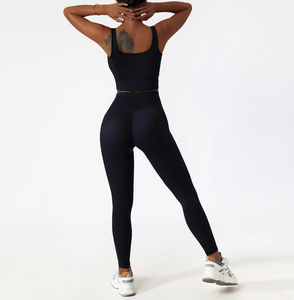 2025 haute qualité femmes 3 pièces Gym Yoga ensemble solide entraînement Fitness pantalon en gros creux soutien-gorge bout à bout doux croix V ceinture Leggings - Product Image 6