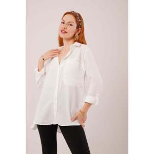 Camisa Blanca Holgada de Poliéster para Mujer Lustrin con Bolsillos - Blusa Casual de Manga Larga para Pedidos al por Mayor - Product Image 1