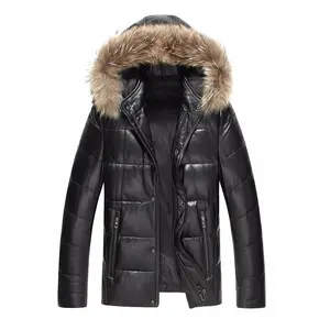 Nieuwe Echte Jas Mannen Winter Schapenvacht Jas Echte Vossenbont Trim Met Capuchon Warme Puffer Leren Jassen