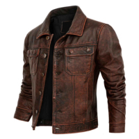 Erkek Vintage Hakiki Deri Ceket Eskitme Görünümlü Sığır Derisi Trucker Ceket Klasik Retro Batı Tarzı Deri Mont Günlük Moda Ceket