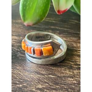Patricia & Ed Becenti Handmade Spiny Oyster & Sterling Silver Cobblestone <b>Adjustable</b> <b>Ring</b> Size 8.5 Everyday Wear Coral Jewelry - Product Image 4