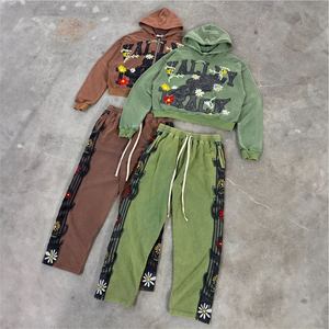 Manufacturers Custom Casual Solid Sun Faded Embossing Full Print Acid Wash Vintage Drawstring Cropped Tracksuit <b>Hoodies</b> - Product Image 6