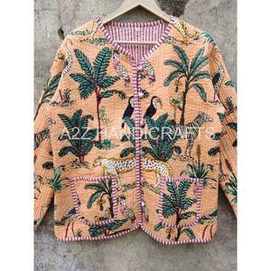 Manteau matelassé moderne fait à la main pour filles femmes veste imprimé Jungle pêche manteau Vintage Floral réversible coton rayure Boho Hippie - Product Image 4