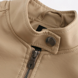 Women's Beige PU <b>Leather</b> Moto <b>Jacket</b> Full Sleeve Stand Collar Zipper Closure Regular Fit Autumn Style - Product Image 5