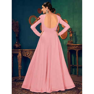 Robe de soirée en georgette rose superbe avec des travaux de miroir et de perles, tenue de fête - Product Image 3