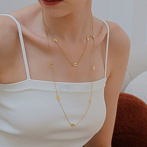 Collana a <span class=keywords><strong>Y</strong></span> con doppio strato di nappe e naso di maiale, in acciaio inossidabile placcato oro 18K, catena regolabile per clavicola da donna, anti-ossidazione - Product Image 3