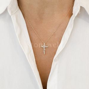 Luxurious Yellow <b>Gold</b> <b>Cross</b> Pendant <b>Necklace</b> Exquisite Baguette Round Diamond Cluster Design - Product Image 4