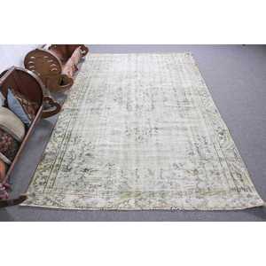 Alfombra Turca, Alfombra Vintage de 5.3x8.3 pies, Alfombra de Lana con Diseño a Cuadros Verde Gris - Product Image 1