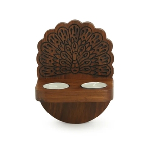 The Dancing Peacock Hand Carved Wall Tea Light Holder in Sheesham Wood Candle Holder for Christmas Decoration Rustic Wooden - Product Image 5